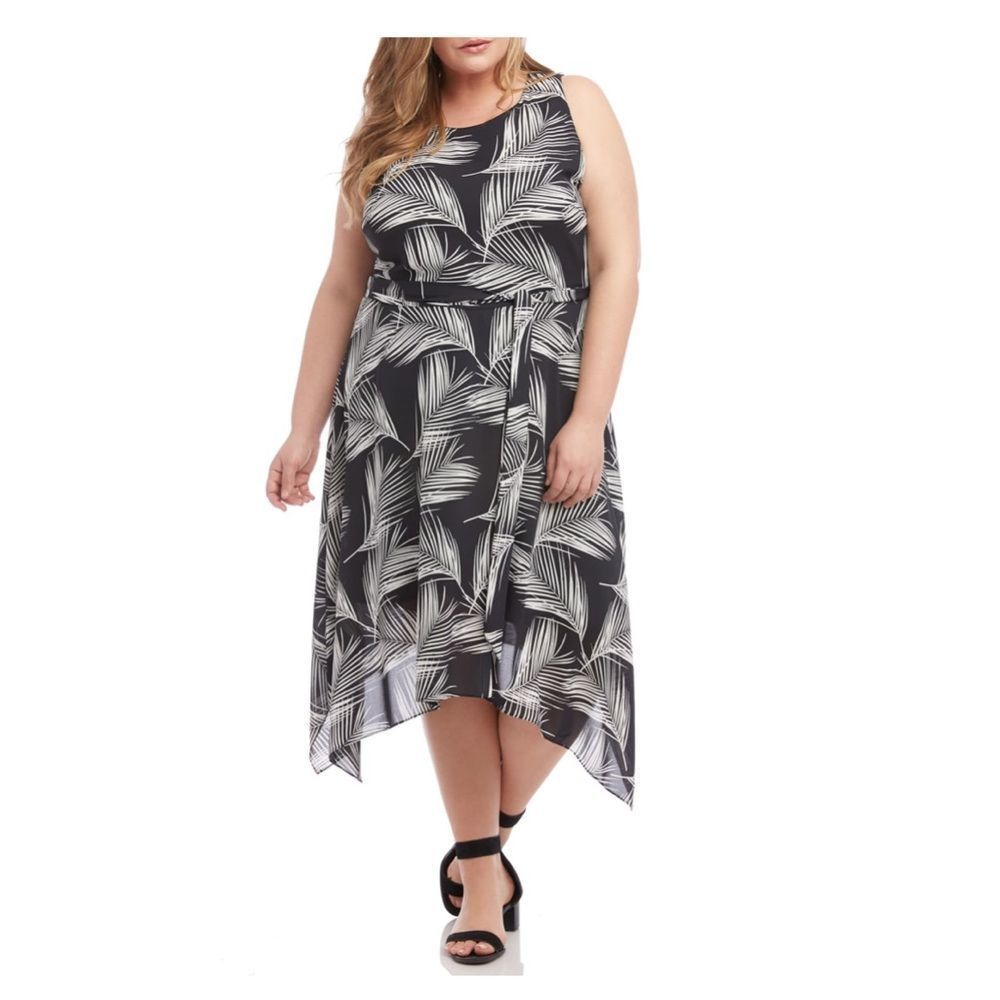 Karen Kane Sharkbite Hem Palm Print Midi Dress